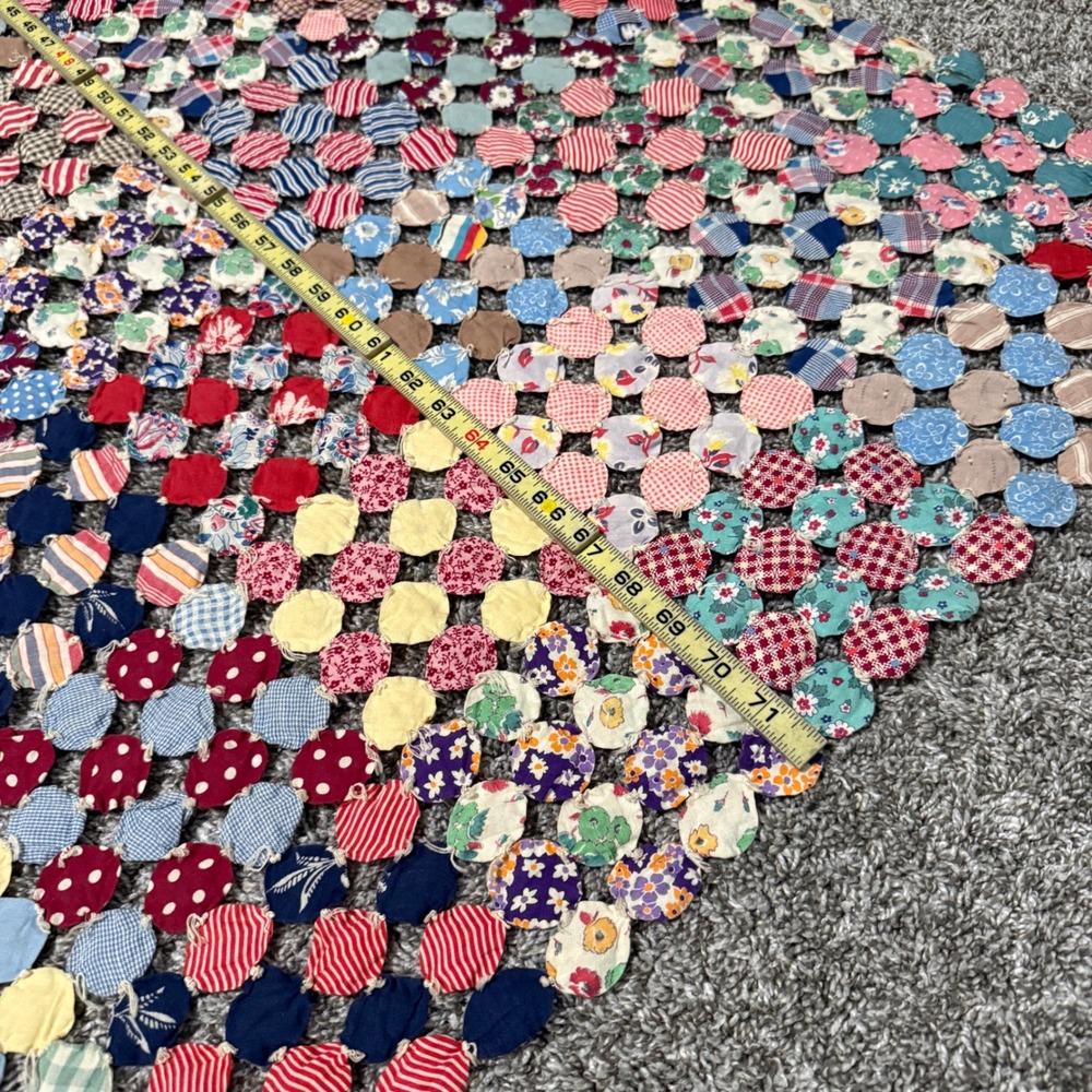 Handmade Vtg Yo-Yo Quilt Topper Throw Multi-Color Patchwork 72x34 Floral Boho - Picture 4 of 8